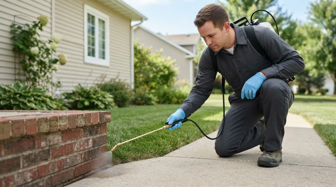Pest control technician treating a home near Williamstown, VT